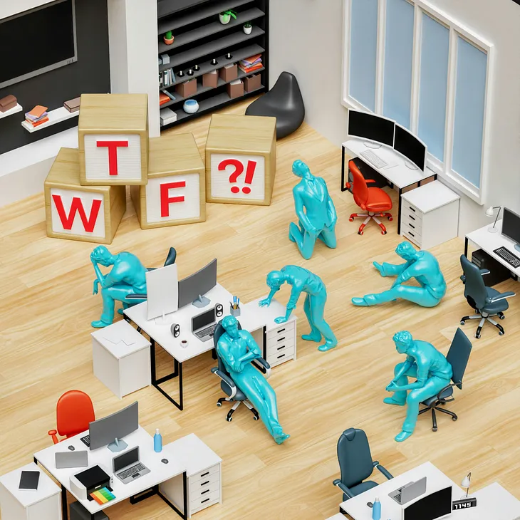 A model of an office with employee figures in various frustrated poses