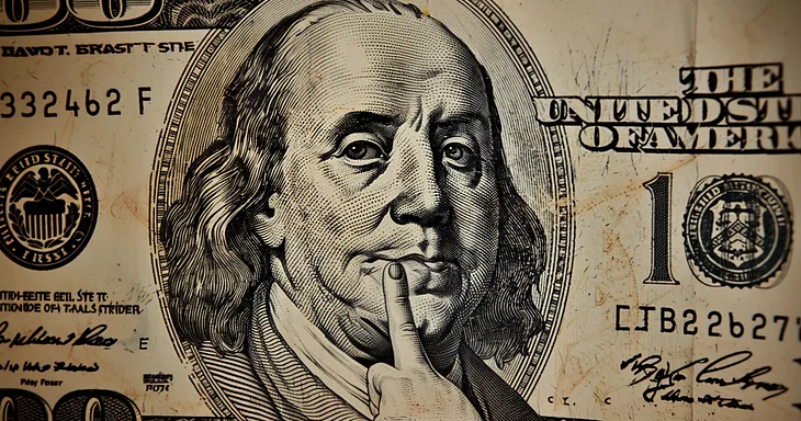 photo of a US banknote, detailed and clear, Benjamin Franklin showing his middle finger. AI image created by Henrique Centieiro and Bee Lee on MidJourney AI V6