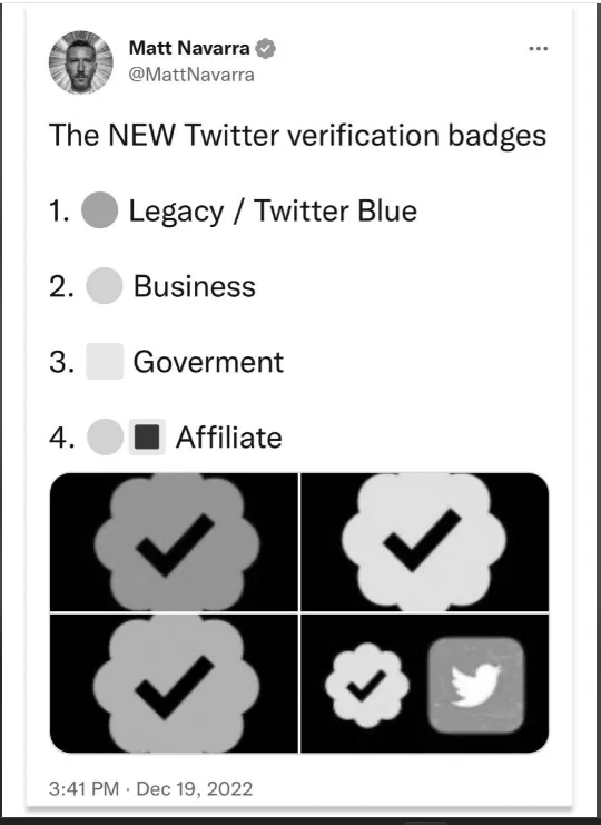 A twitter post that shows 4 different types of verification badges: legacy, business, government and affiliate. In grayscale, they look nearly identical.