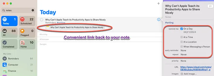 image of aNote after being shared to Reminders for alerting