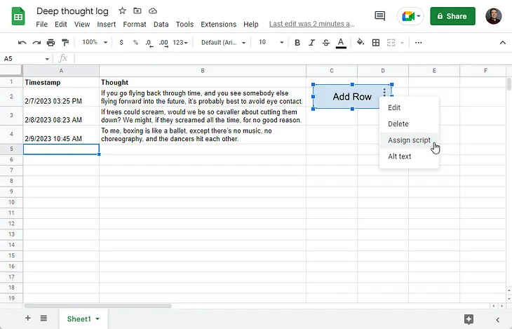 Screenshot of the spreadsheet, using the three dots menu on the drawing to assign a script.