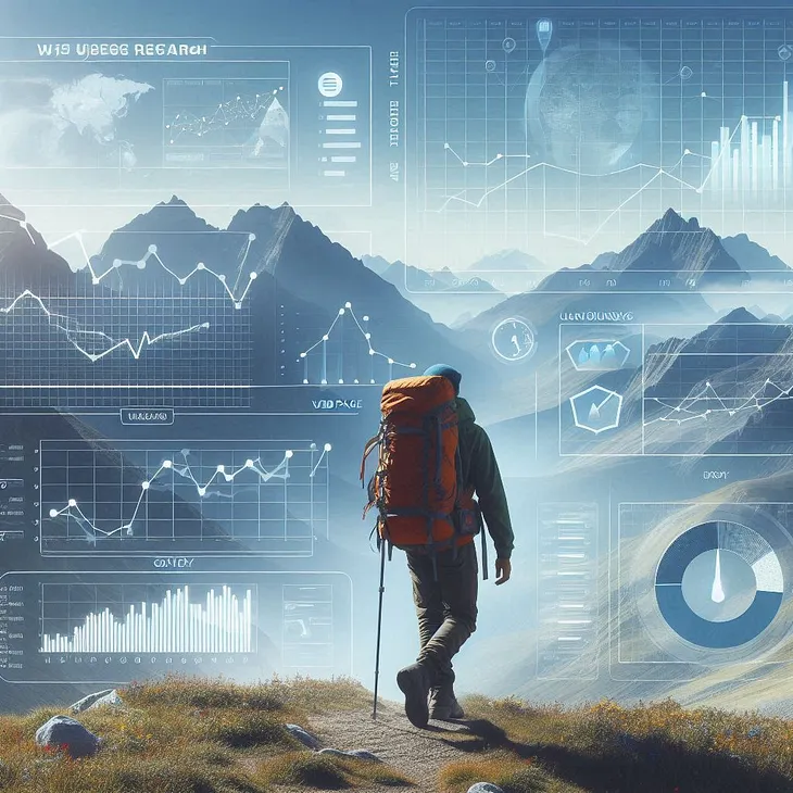 Hiker against a mountain backdrop, with ghosted images of various graphs and charts overlaying the main image.