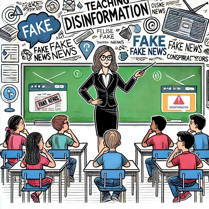 IMAGE: An illustration representing a school class with a female teacher explaining disinformation