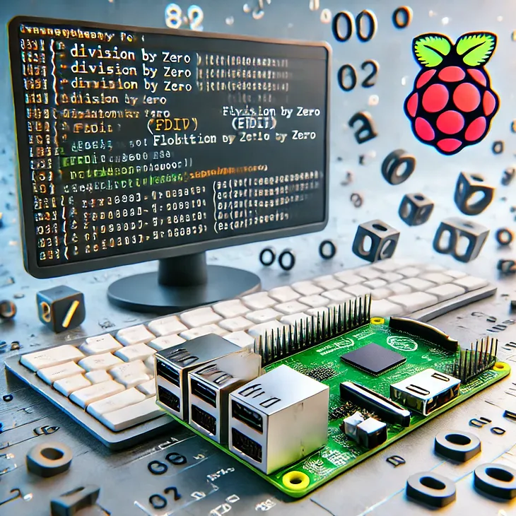 An image of a Raspberry Pi 4 connected to a monitor displaying assembly code with a highlighted fdiv instruction, which causes a floating-point exception. Surrounding the monitor are symbols like division by zero and infinity signs, representing the concept of floating-point errors and debugging in a software environment. The scene is set at a tech workstation with a Raspberry Pi, keyboard, and monitor.