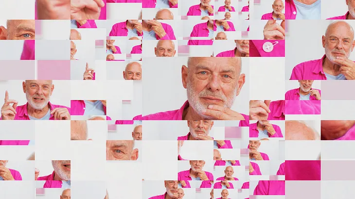 Multiple images of Brian Eno, layered in a kaleidoscope-like collage.