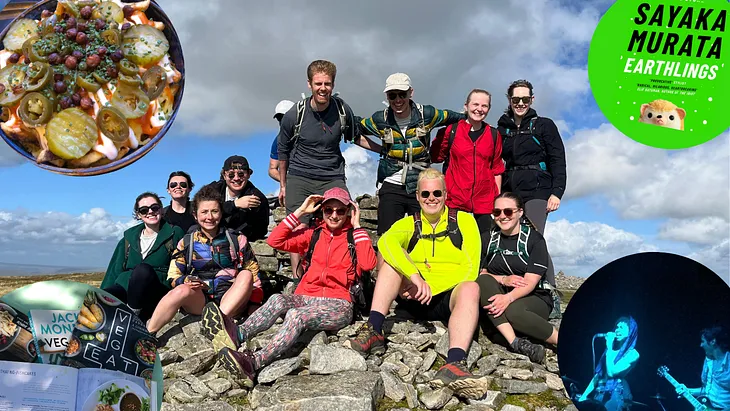 A group of people in hiking gear smiling at the top of a mountain