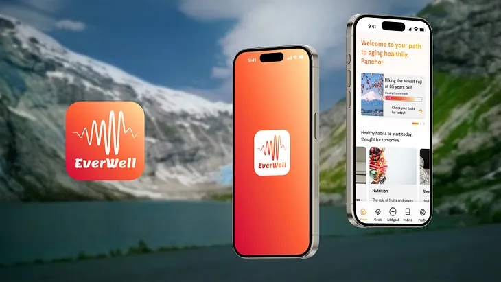 Image hero showing the logo of Everwell’s app, along with two mobiles displaying two different pages of Everwell; as a background there is a valley.