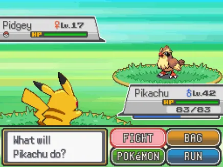 An screenshot of a Pokémon battle on a Gameboy game. Pikachu fighting a Pidgey.