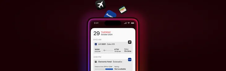 Image shows interface that could be generated by Apple Intelligence based on data from multiple sources, like travel app, Wallet, booking.