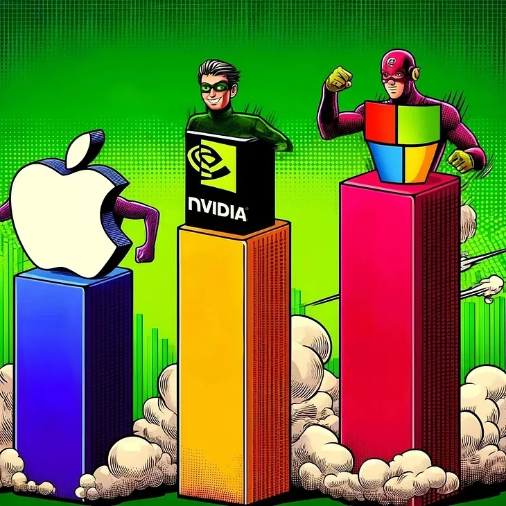 IMAGE: A comic-style 3D bar graph illustrating the valuations of Apple, Nvidia, and Microsoft, with each company’s logo on their respective bars. The bars are dynamically arranged to appear as if they are rallying to overtake each other, creating a vibrant and engaging visual representation