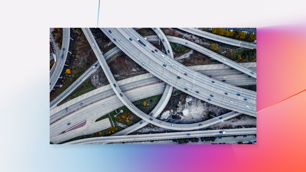 Aerial view of freeway interchange in downtown Singapore.