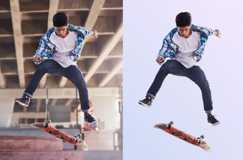 Lado a lado da mesma imagem de uma pessoa jovem fazendo um gesto de skate, com a tela de fundo removida da imagem à direita