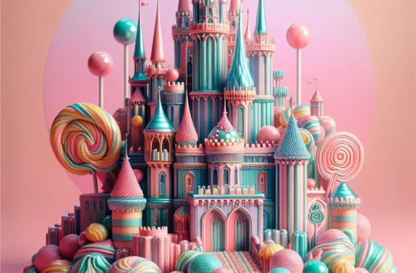 Um castelo feito de jujubas e pirulitos com a cor rosa em segundo plano, hiperescala 3D, cores brilhantes, tons metálicos, pastel