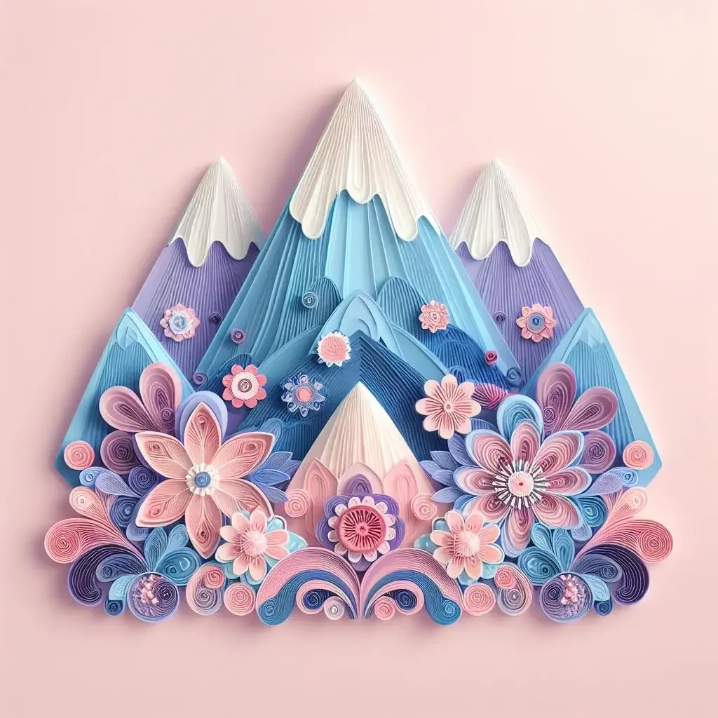 Vista frontal de uma montanha com elementos decorativos florais, estilo de artesanato em papel, em cores pastel rosa, azul e roxa.