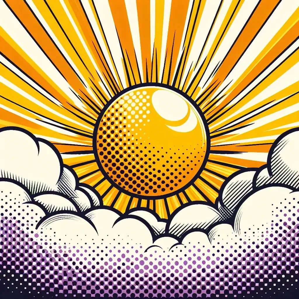 Um sol amarelo com raios laranjas sobre nuvens brancas e roxas em estilo pop-art. Deve haver um efeito de meio tom e impressão de tela. Os raios laranjas radiam para fora e preenchem o plano de fundo.