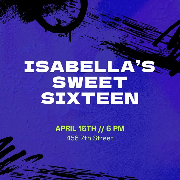 Sweet sixteen invitation Blue modern, grunge, graffiti, bold, simple, brushstroke,