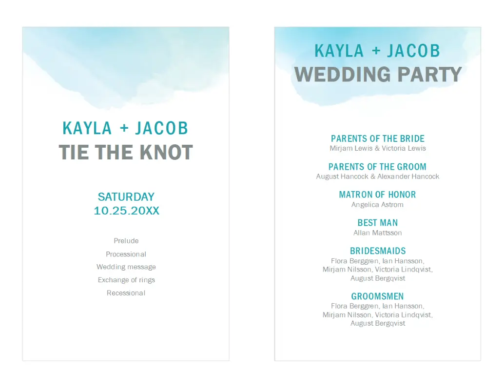 Watercolor wash wedding program blue organic simple