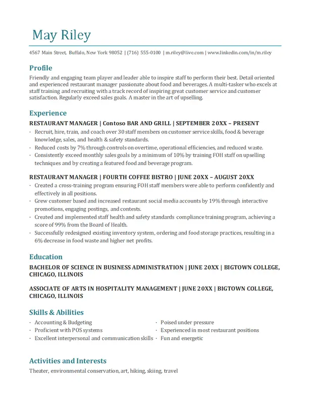 Restaurant manager resume blue modern-simple