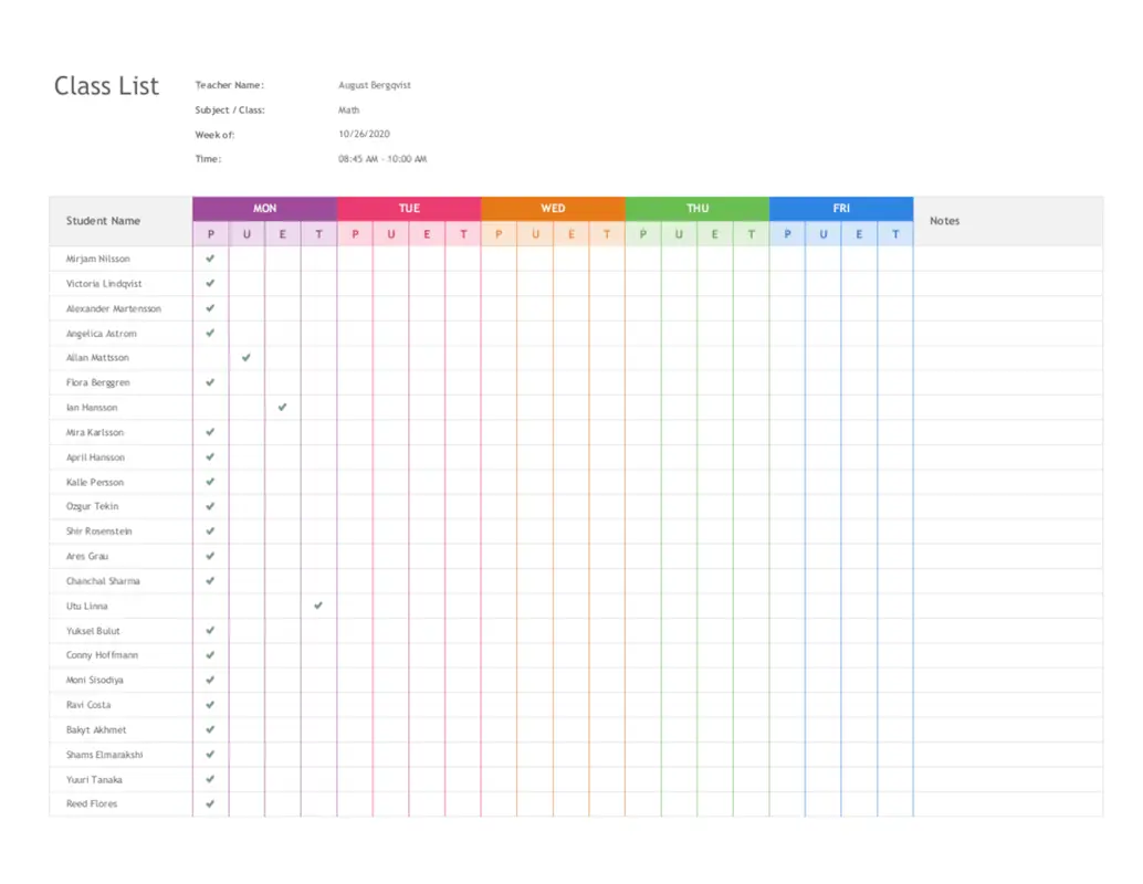 Class attendance list modern simple