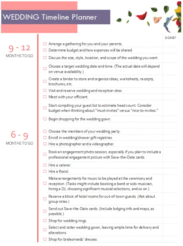 Wedding timeline planner pink modern simple