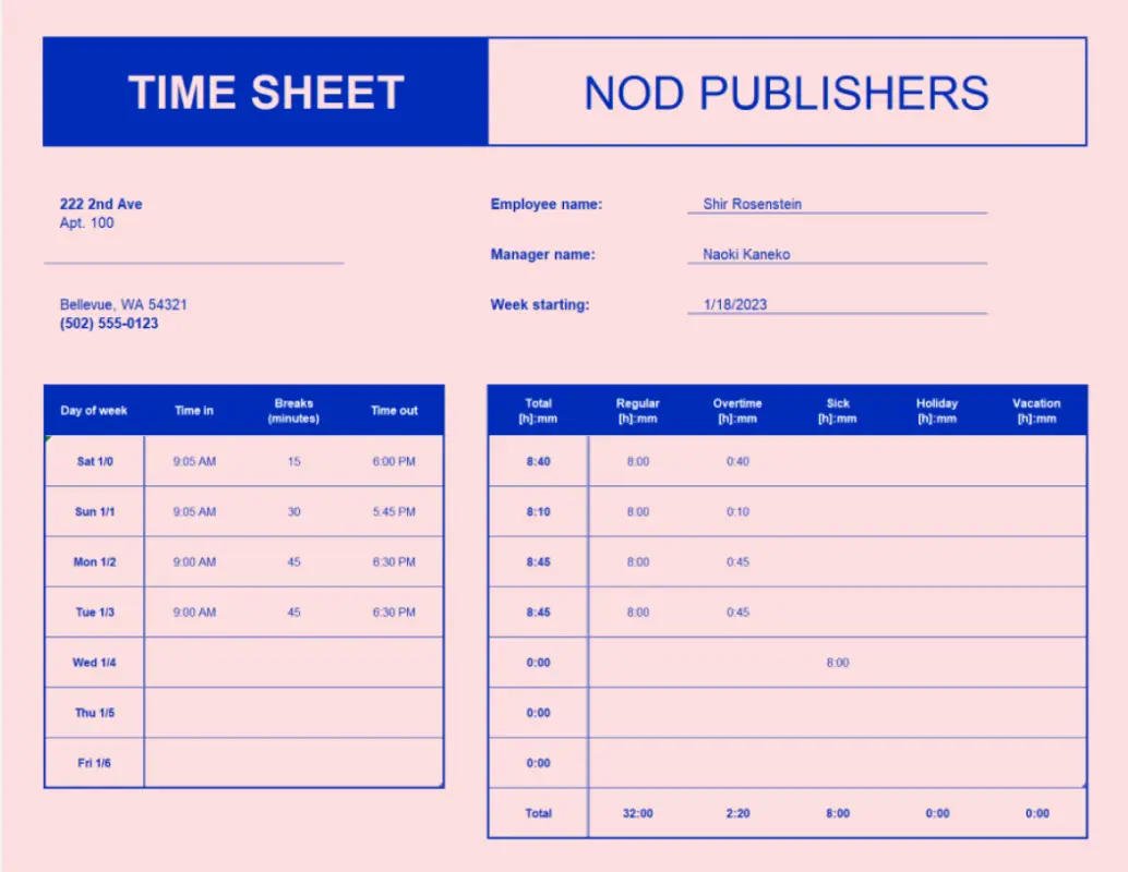 Weekly timesheet pink modern simple