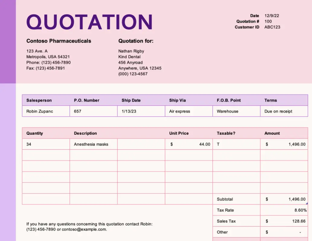 Price quotation with tax calculation pink modern simple