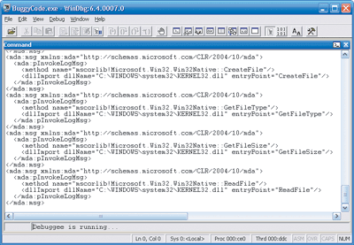 Figure 8 Using WinDbg to View PInvokeLog Output