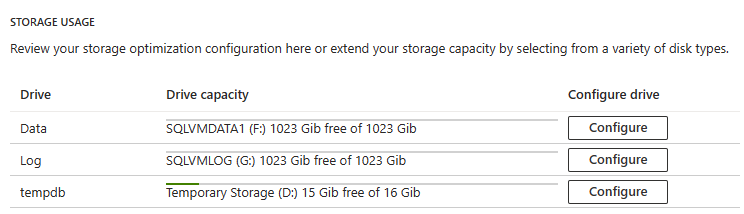 Screenshot of the Azure portal, SQL virtual machines resource, showing where to extend storage.