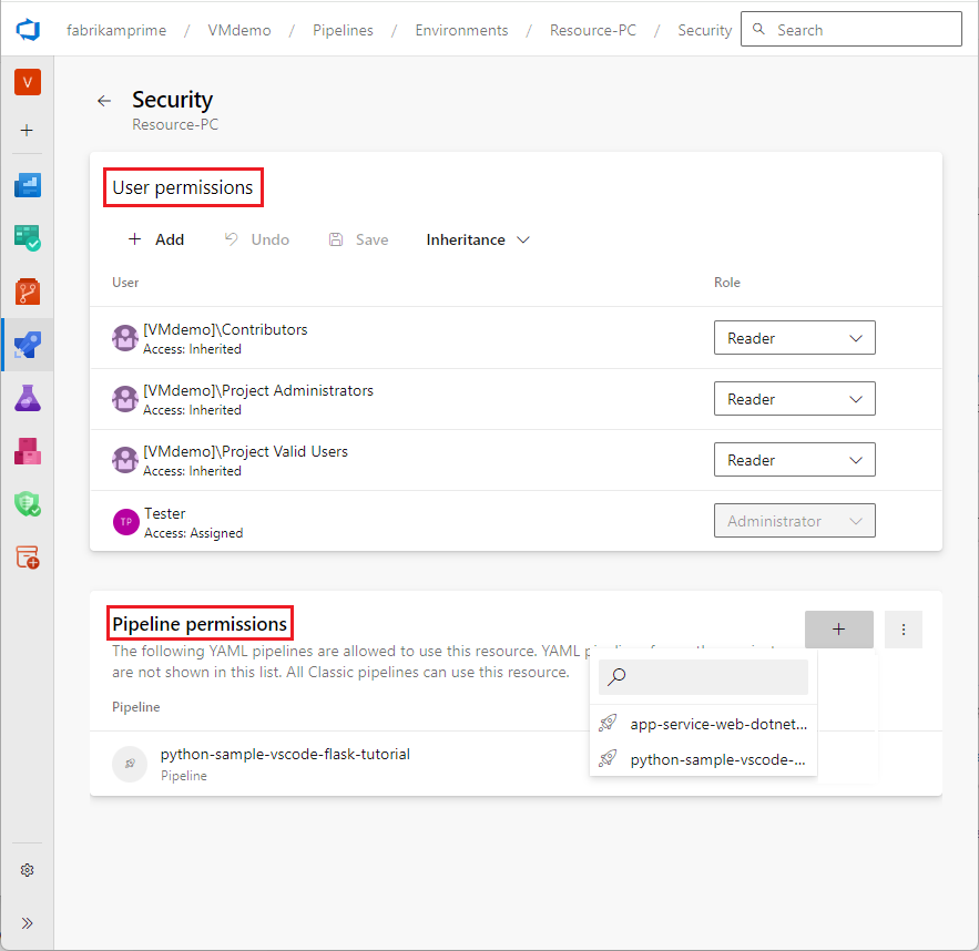 Screenshot of user and pipeline permissions.