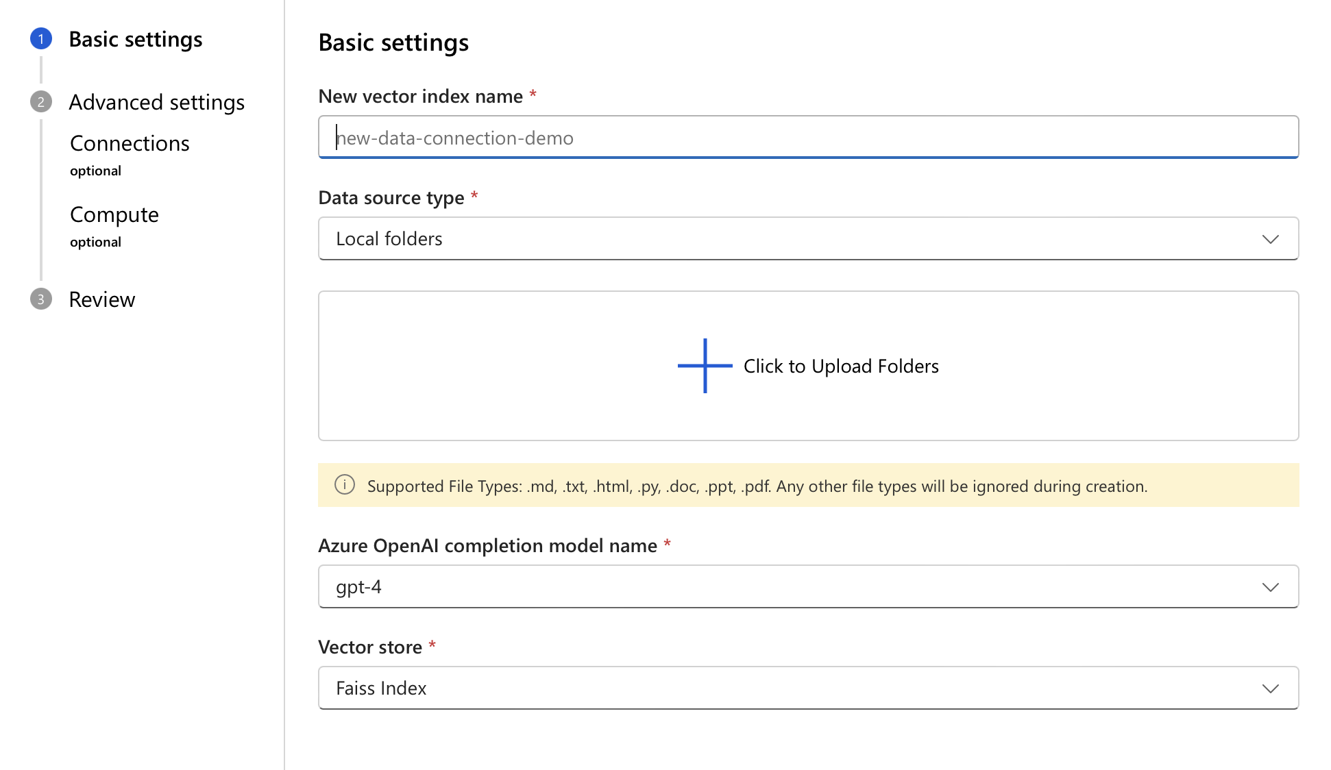 Screenshot that shows basic settings for creating a vector index.