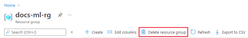 Screenshot of delete resource group button
