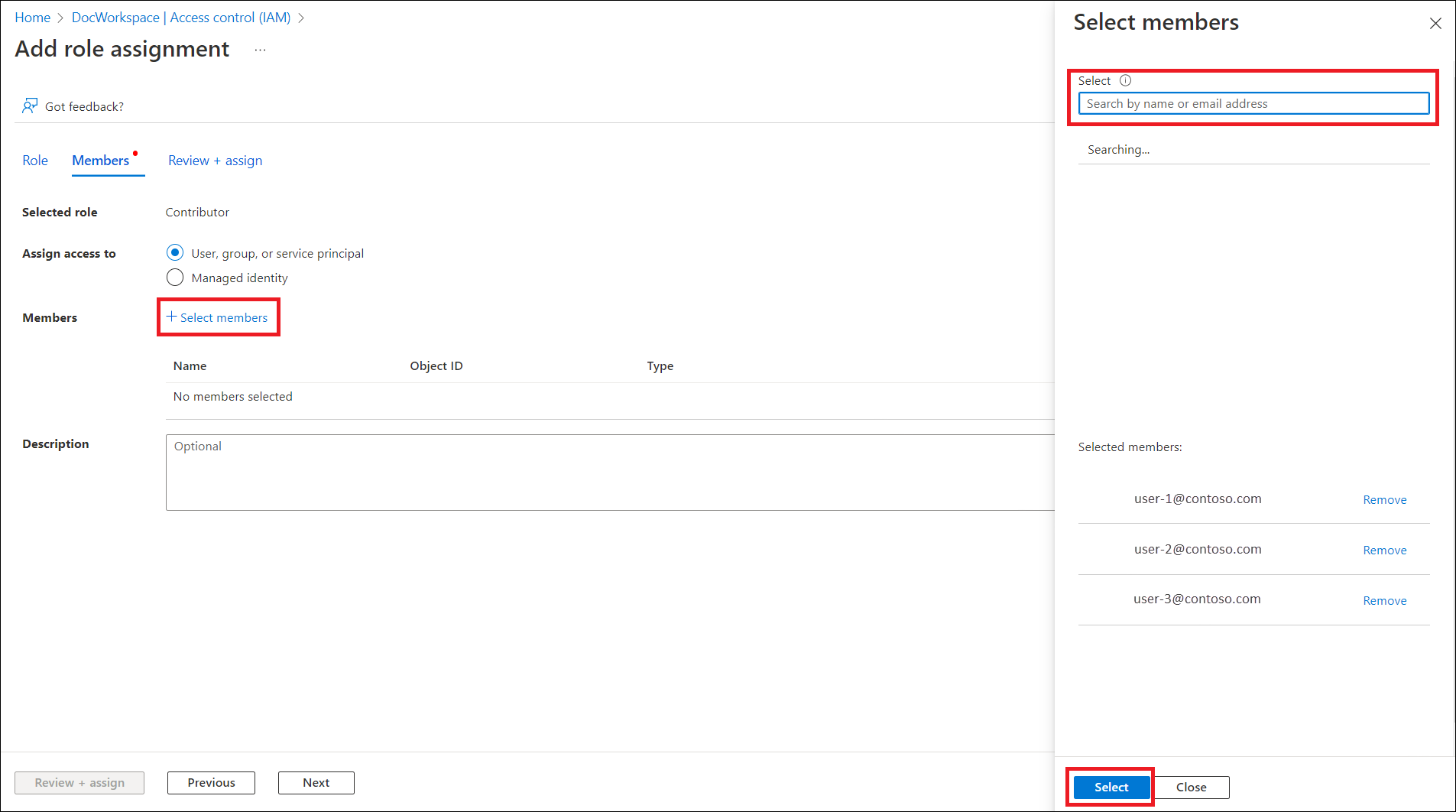 Screen shot showing how to select your users to add to your Azure Quantum workspace.