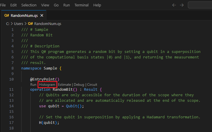 Screenshot the Q# file in Visual Studio Code showing where to find the code lens with histogram command.