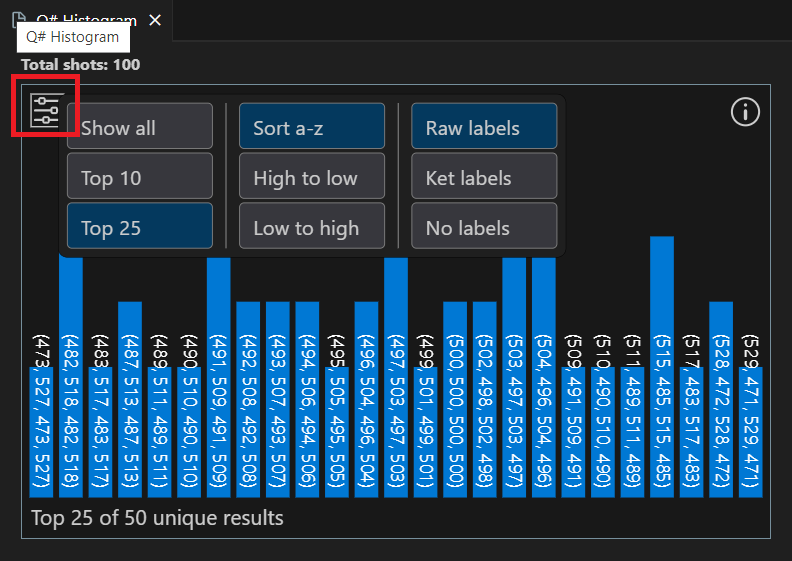 Screenshot the Q# histogram window in Visual Studio Code showing how to display settings.