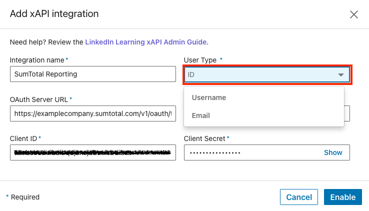 xAPI integration settings