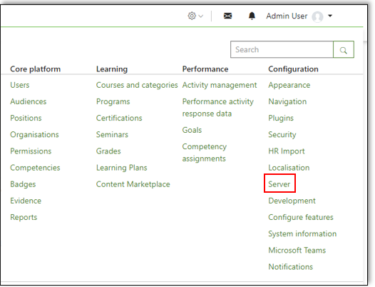 totara-server-settings-screen