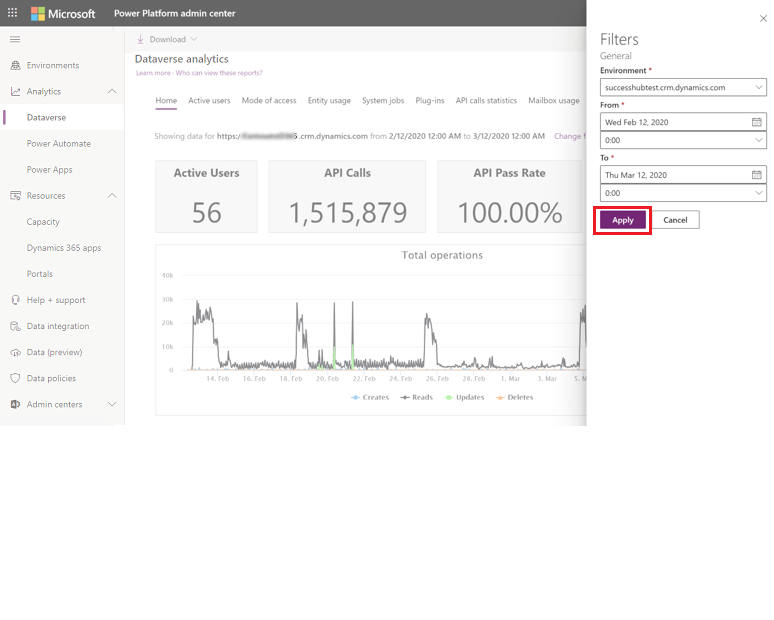 Dataverse analytics change filters apply.