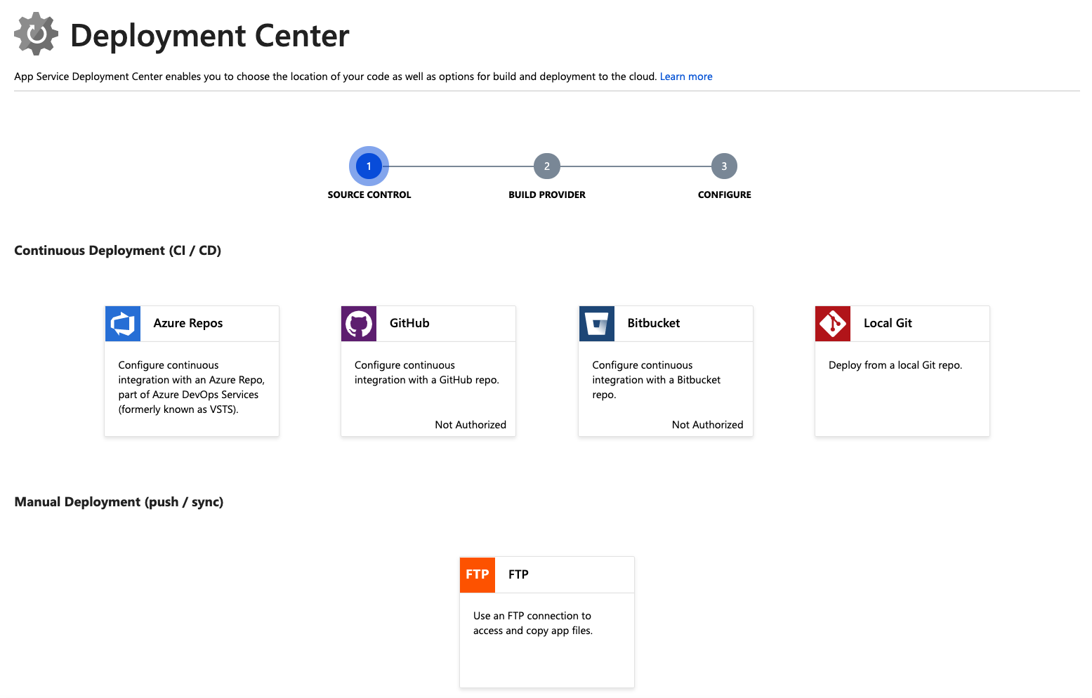 Screenshot of setting up deployment options and choosing source for the deployment source code.