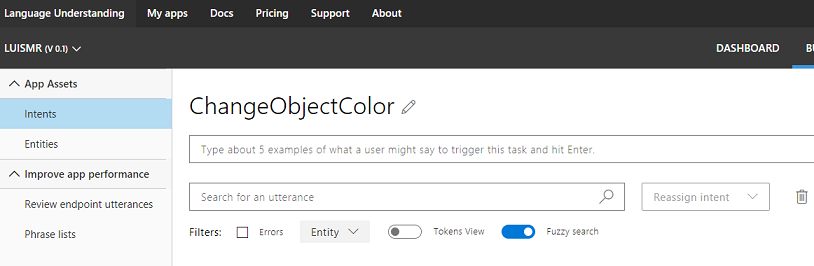LUIS - intents page