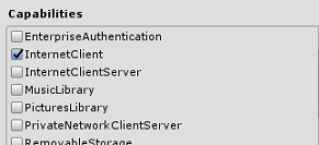 Screenshot of the Capabilities list, Internet client is checked.