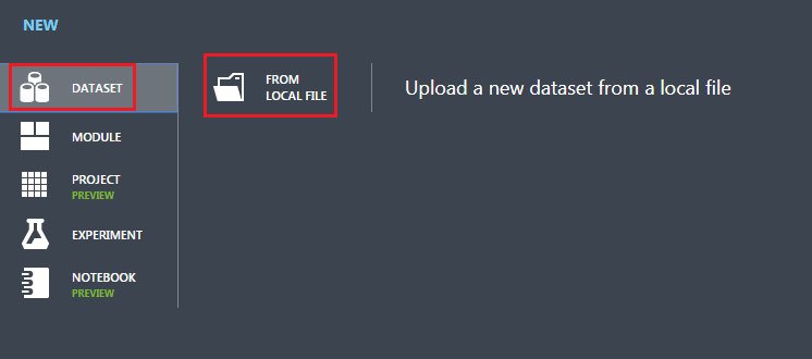 Screenshot of the New dialog, which shows the highlighted Dataset and From Local File menu items.