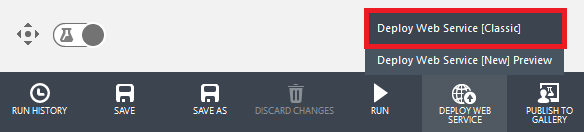 Screenshot of the Experiment menu, which shows the highlighted Deploy Web Service Classic menu item from the Deploy Web Service menu button.