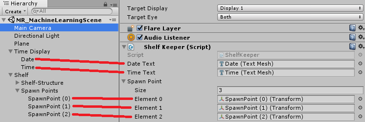 Screenshot of the Hierarchy Panel, which shows that the Date, Time, and the three Spawn Point menu items are in the Shelf Keeper class.