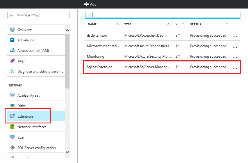 Verifique o Status da extensão do Agente de IaaS do SQL Server, SqlIaaSExtension, no portal do Azure