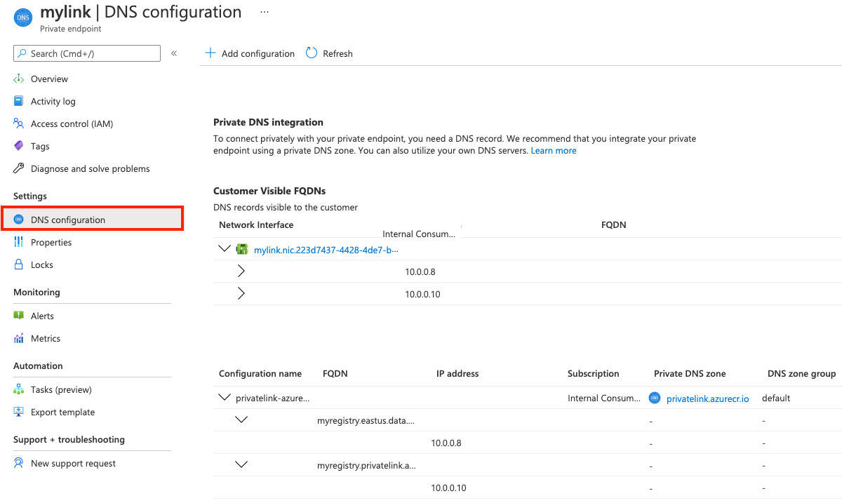 Configurações de DNS do ponto de extremidade no portal