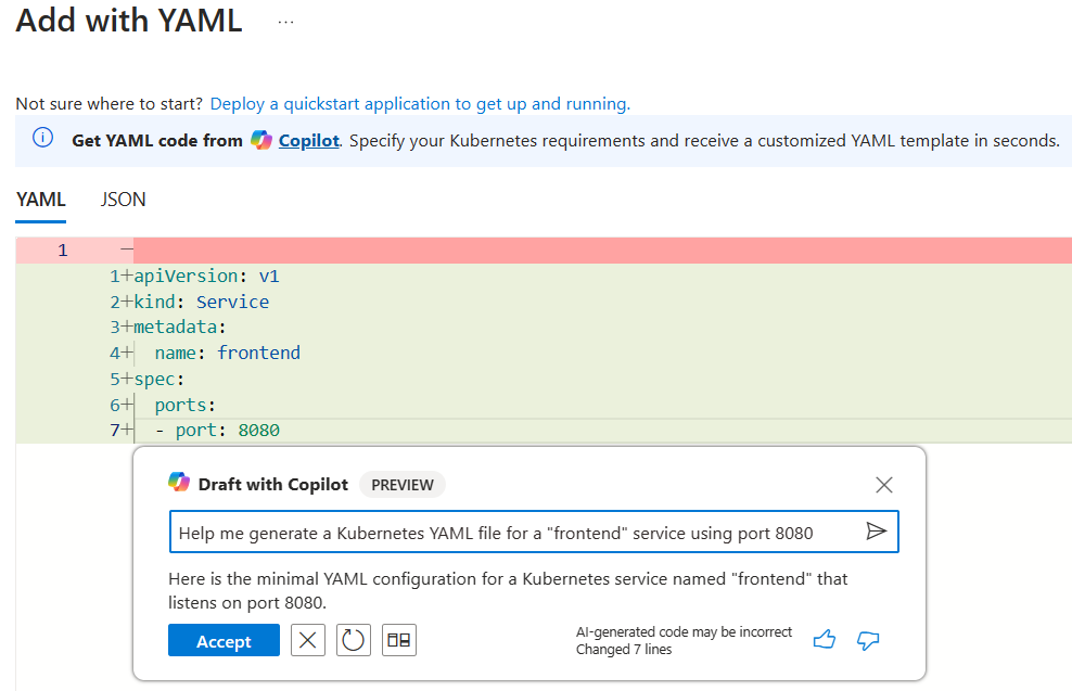 Captura de tela mostrando o editor YAML com um prompt para criar uma implantação AKS.