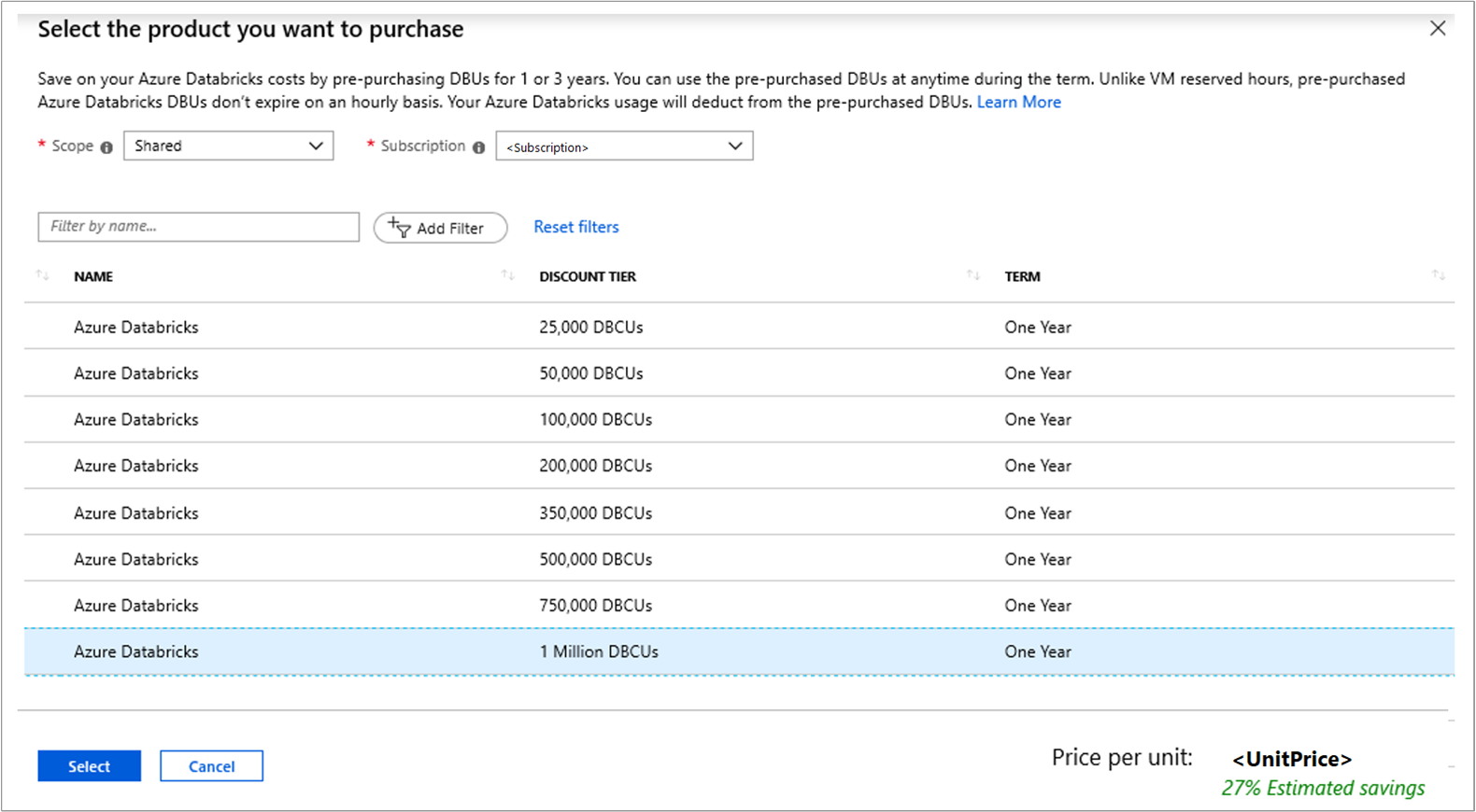 Exemplo mostrando a aquisição do Azure Databricks no portal do Azure.