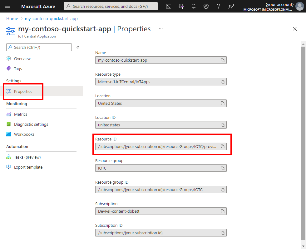 Recupere a ID do recurso nas propriedades do IoT Central.