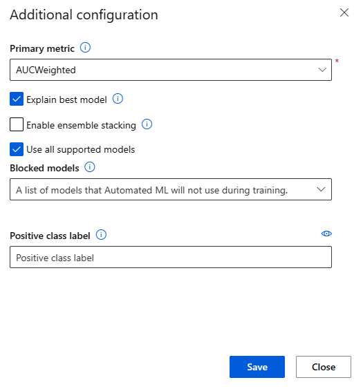 Captura de tela mostrando a página de configuração de trabalho de ML automatizado com Explicar o melhor modelo selecionado.