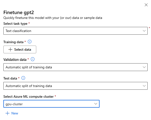 Captura de tela mostrando as opções de configurações de ajuste fino no formulário de configurações de ajuste fino de modelos base.